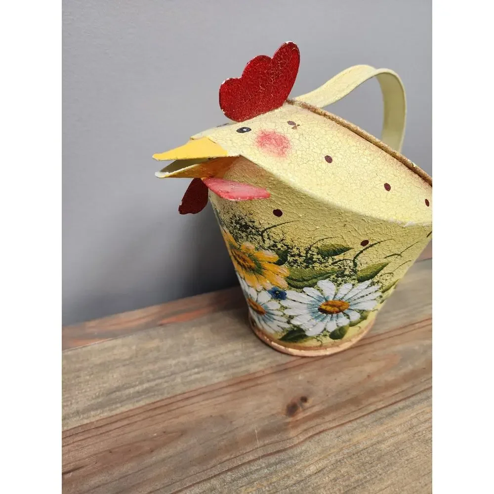 Rooster Tin Watering Pitcher Painted Sunflowers